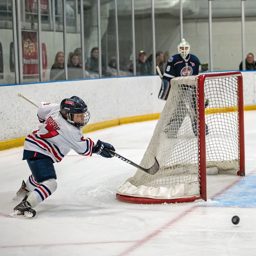 Young hockey player scoring a goal